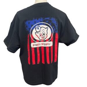 Piggly Wiggly Womens Large American Flag Black Short Sleeve Crew Neck Tee Shirt